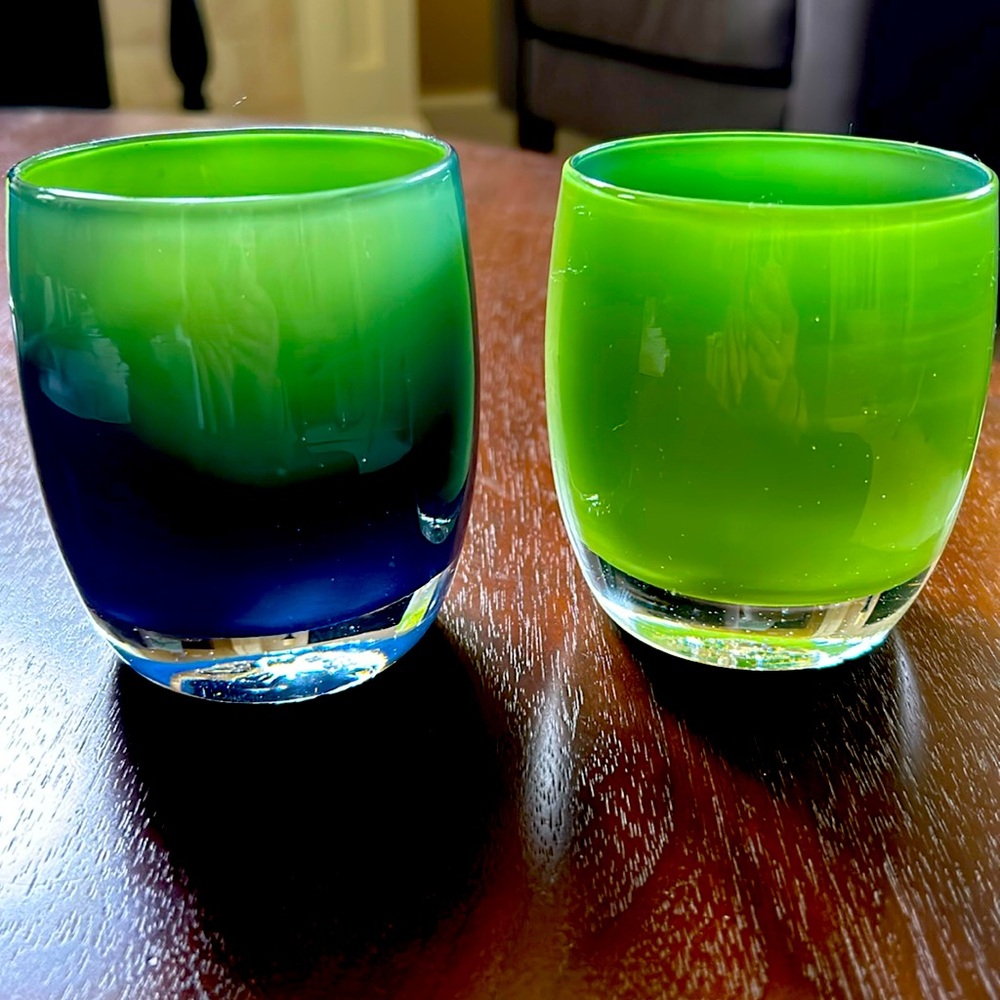 Glassybaby votive set in “Seahawks Pride” and “Spirit Island for 12”.